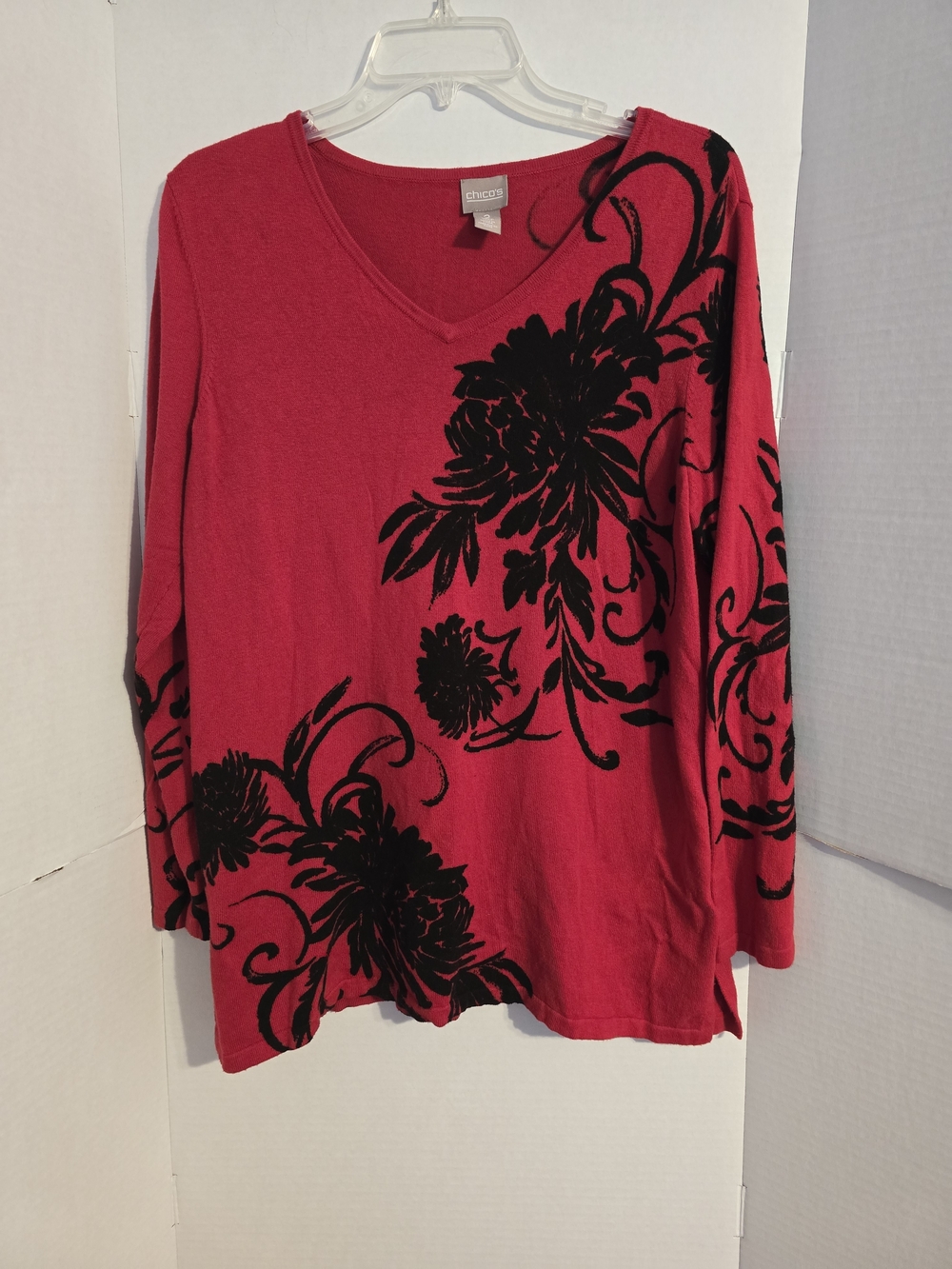 Chico's Red Berry Long Sleeve V-Neck Top with Black Floral Print
